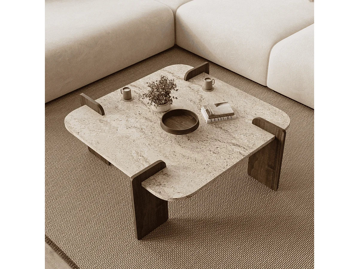 Table basse Japandi carrée à bords arrondis effet travertin et noyer 90 x 90 cm - Origin