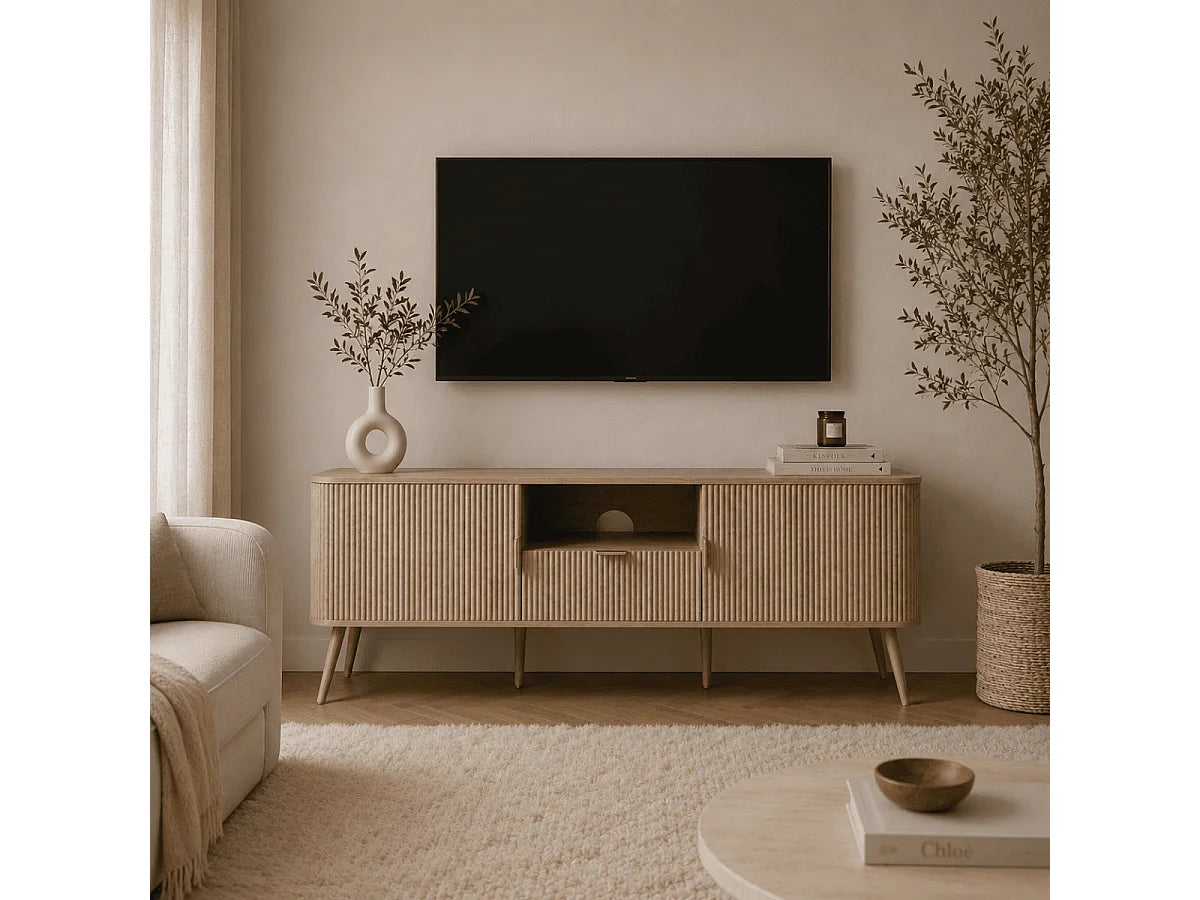 Meuble TV Japandi 2 portes, 1 tiroir et 1 niche cannelé effet chêne 140 x 56 cm - Maho