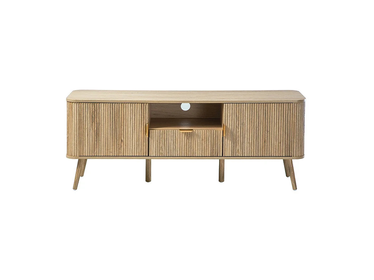 Meuble TV Japandi 2 portes, 1 tiroir et 1 niche cannelé effet chêne 140 x 56 cm - Maho