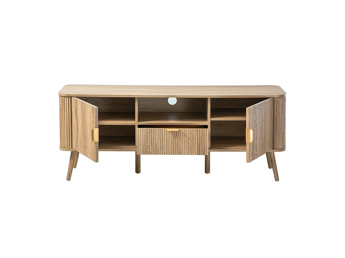 Meuble TV Japandi 2 portes, 1 tiroir et 1 niche cannelé effet chêne 140 x 56 cm - Maho