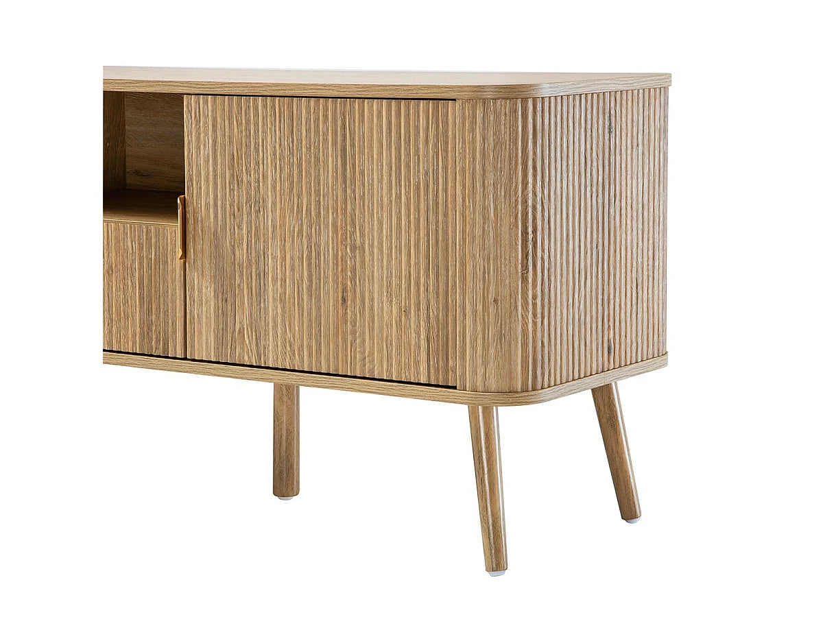 Meuble TV Japandi 2 portes, 1 tiroir et 1 niche cannelé effet chêne 140 x 56 cm - Maho