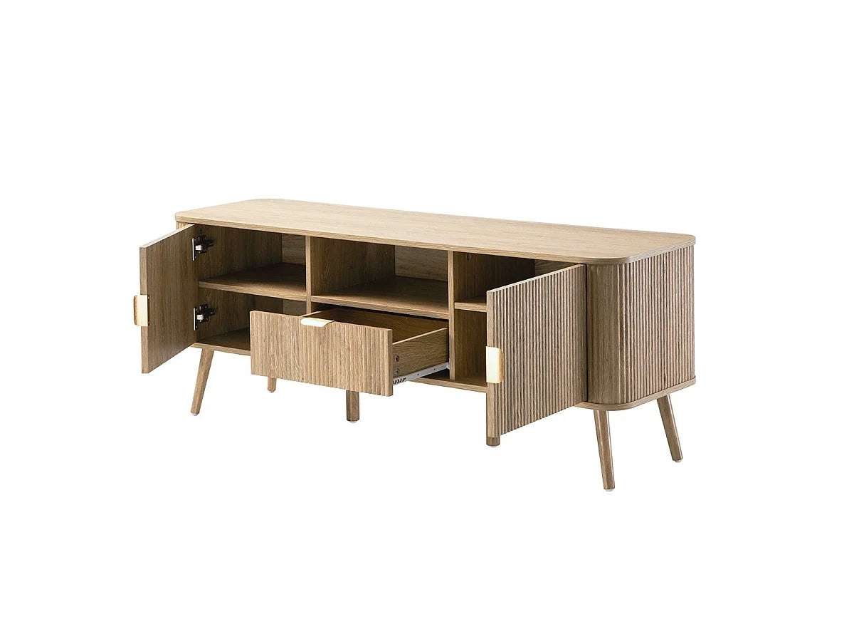 Meuble TV Japandi 2 portes, 1 tiroir et 1 niche cannelé effet chêne 140 x 56 cm - Maho