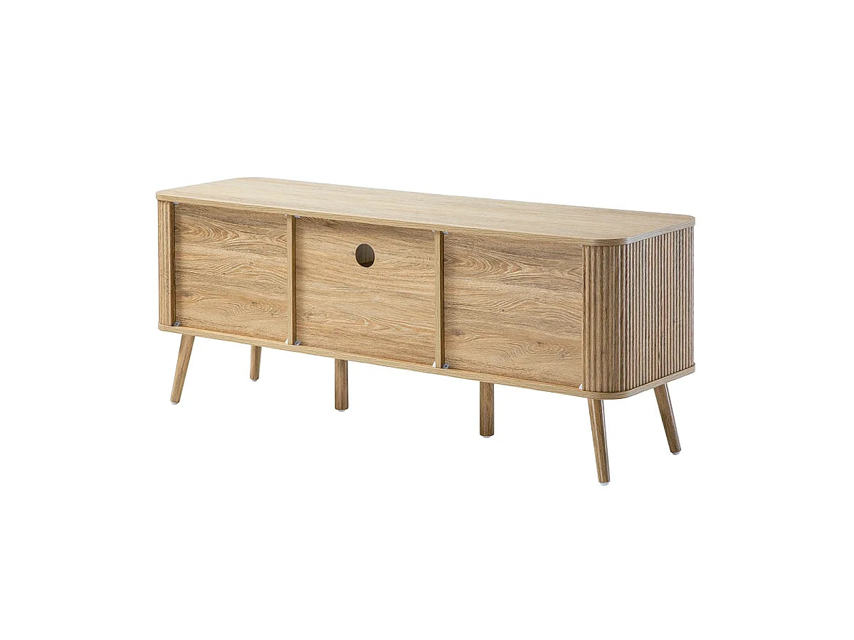 Meuble TV Japandi 2 portes, 1 tiroir et 1 niche cannelé effet chêne 140 x 56 cm - Maho