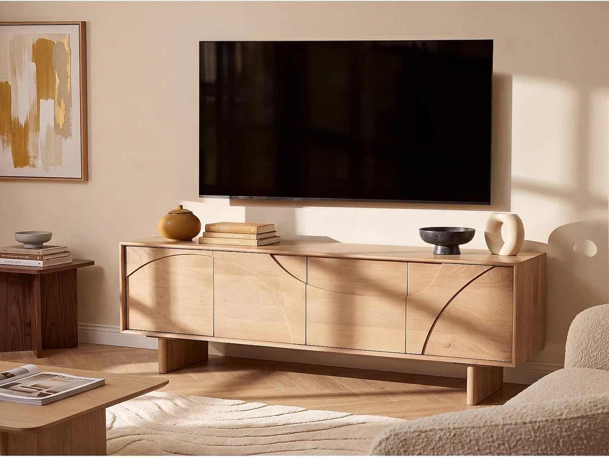 Meuble TV Japandi 4 portes push to open en bois de manguier naturel clair 160 x 60 cm - Berlama