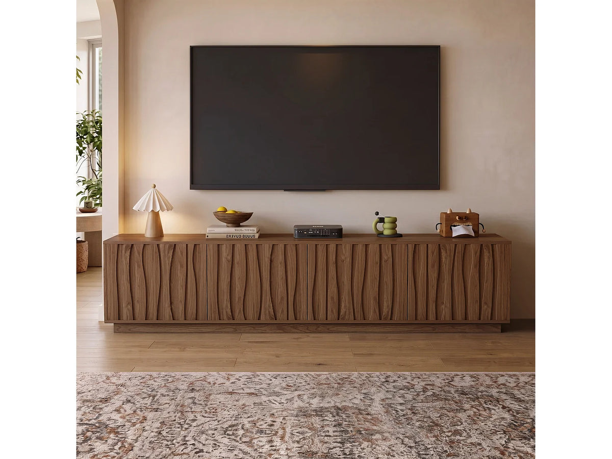 Meuble TV Japandi 4 portes push to open façade 3D effet noyer 200 x 49,5 cm