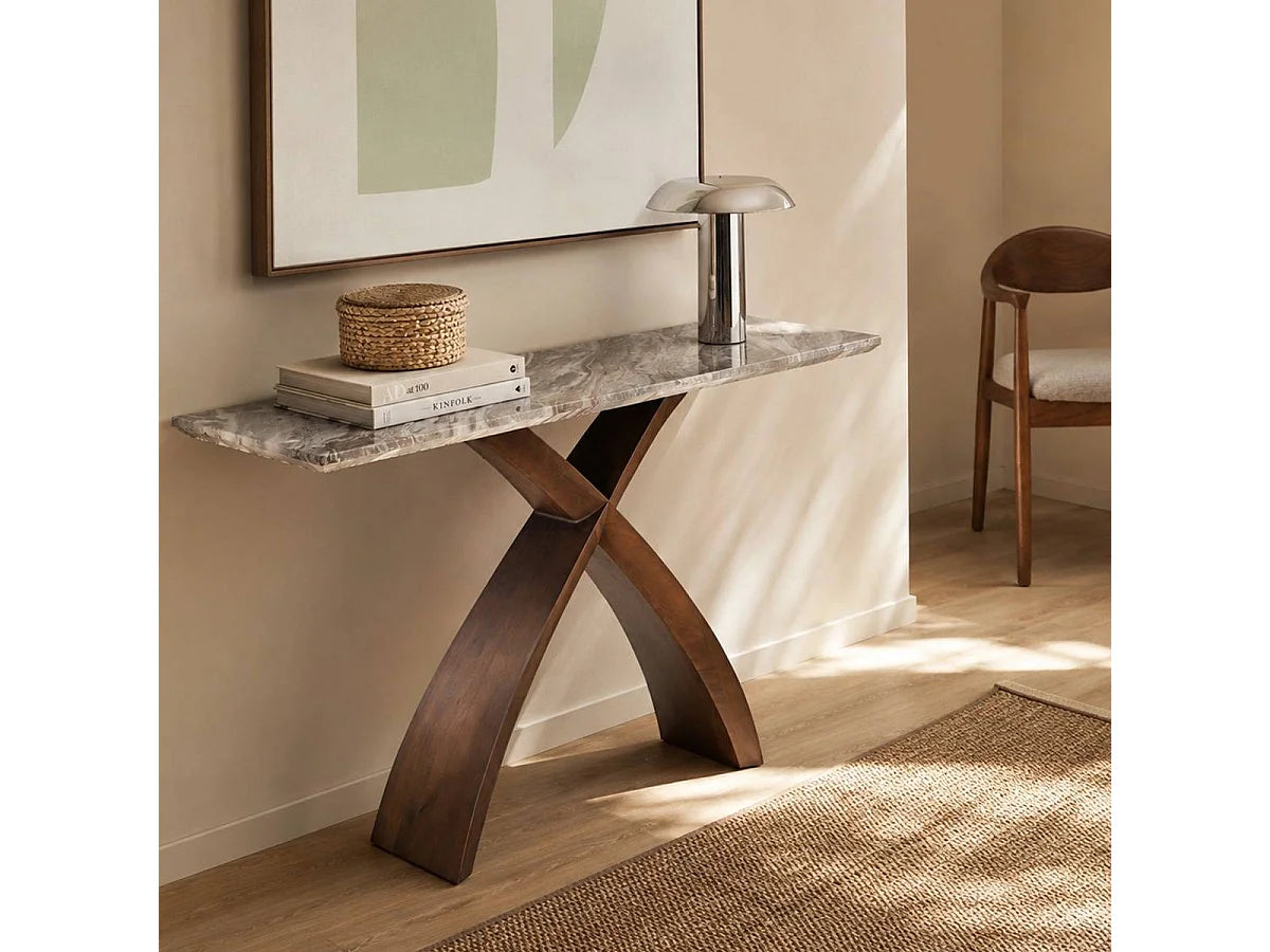 Console Japandi piètement croisé en bois de manguier et plateau marbre 140 x 78 cm - Zelia