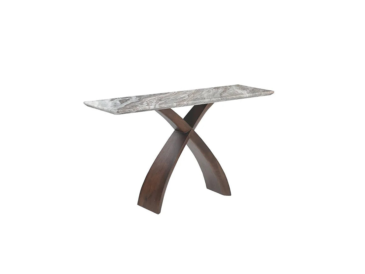 Console Japandi piètement croisé en bois de manguier et plateau marbre 140 x 78 cm - Zelia
