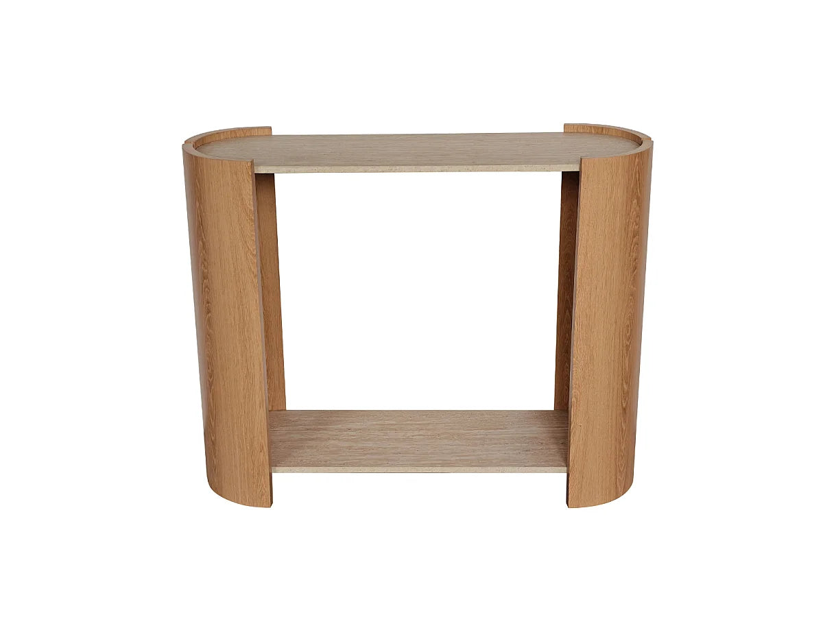 Console Japandi 2 niveaux décor travertin et bois 100 x 80 cm - Izia