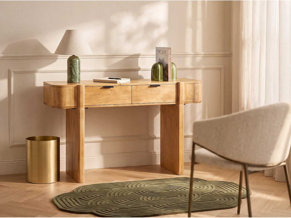 Bureau console Japandi 2 tiroirs en bois de manguier naturel 120 x 76,5 cm - Melyran