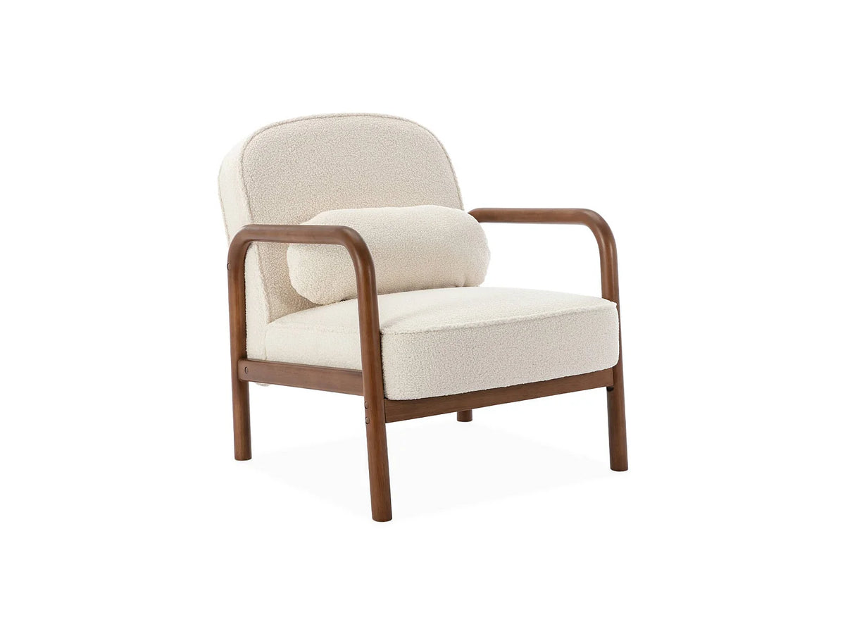 Fauteuil Japandi à dossier arrondi en bois d'hévéa et bouclette crème - Amelie