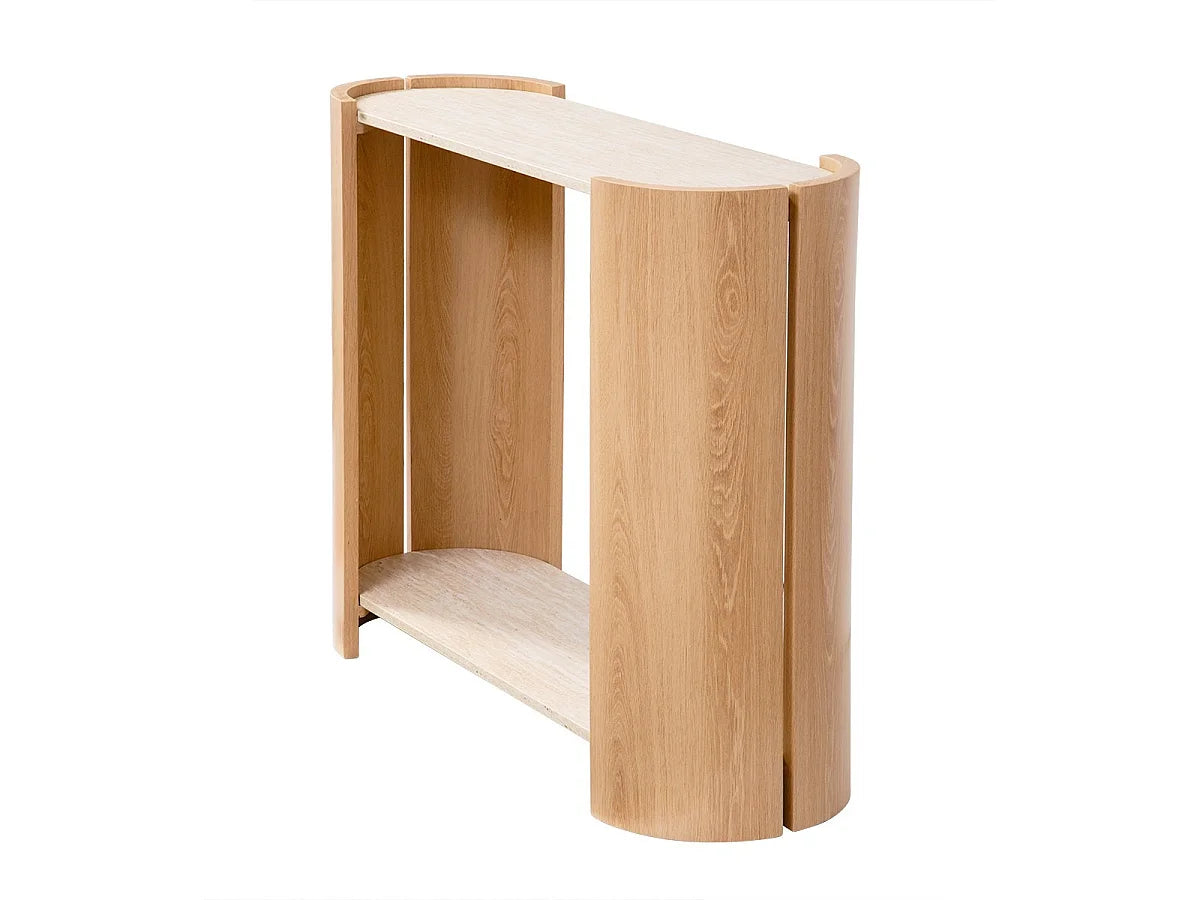 Console Japandi 2 niveaux décor travertin et bois 100 x 80 cm - Izia