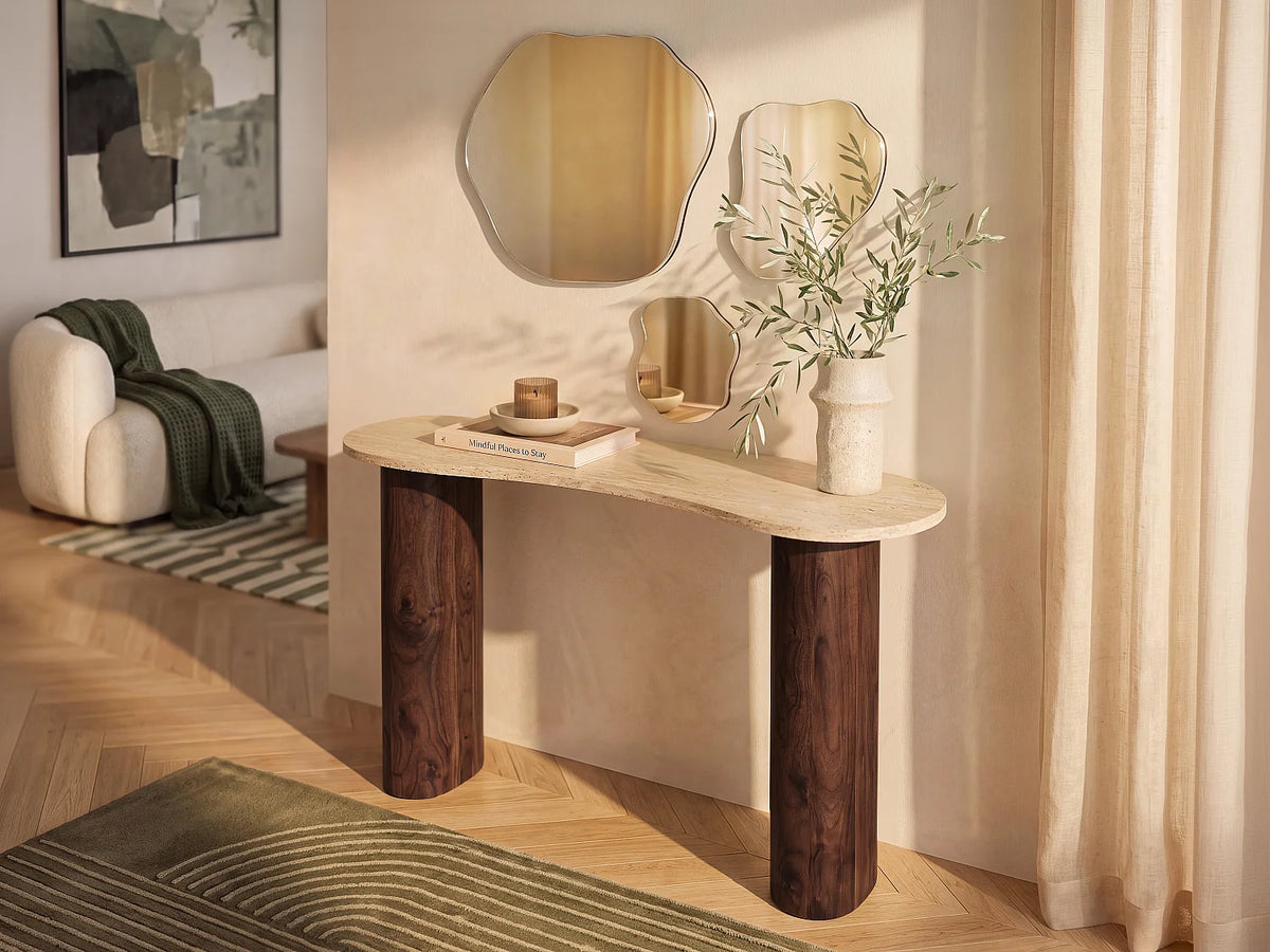 Console Japandi organique en MDF effet travertin beige et naturel foncé 120 x 80 cm - Alozya
