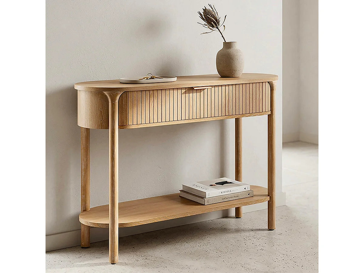Console Japandi 1 tiroir et 1 étagère en bois de sapin naturel 110 x 80 cm - Ernesto