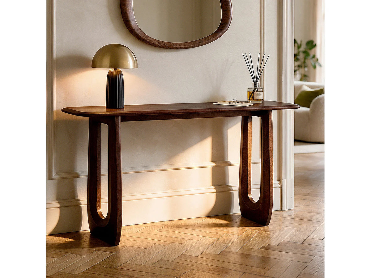 Console Japandi pieds arches en bois de manguier massif marron foncé 150 x 80 cm - Maya