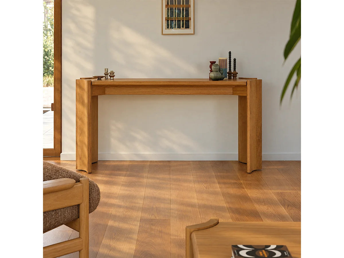 Console Japandi piètement galbé en bois de mindi naturel 164 x 80 cm - Alvar