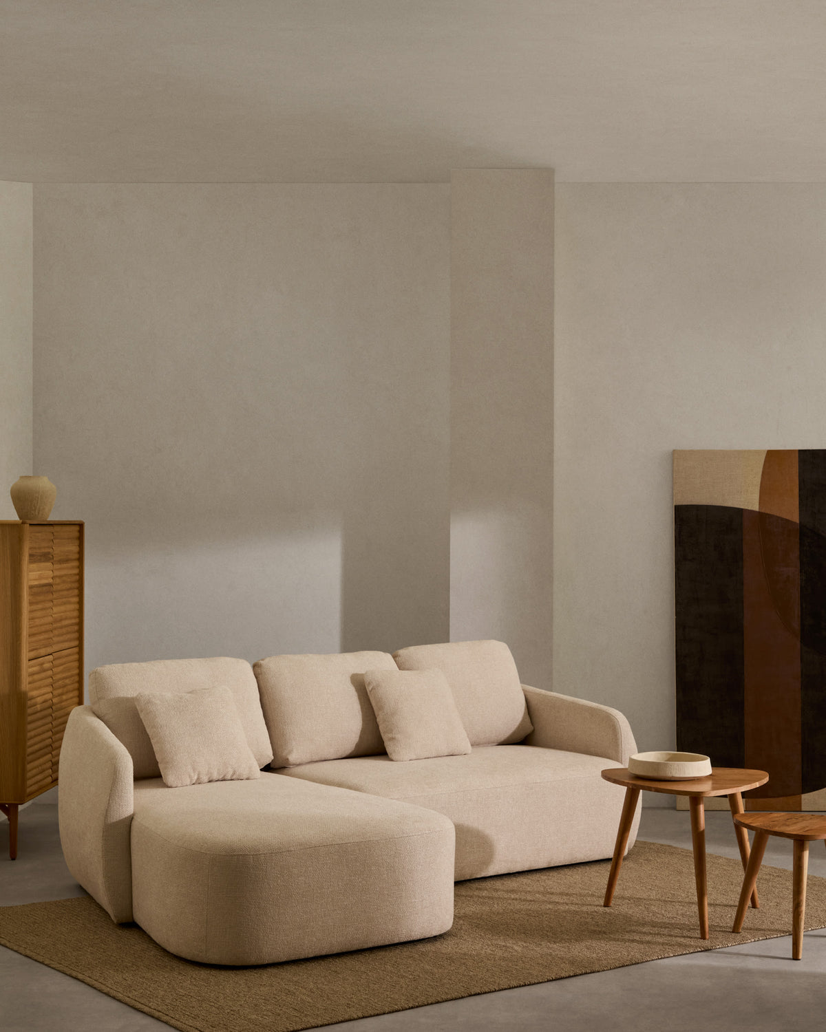 Canapé-lit Japandi 3 places en chenille avec méridienne gauche couleur écrue 246 cm - Laira