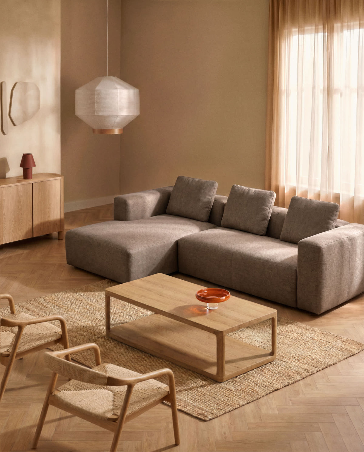 Canapé Japandi 3 places avec méridienne gauche en chenille marron 300 cm - Blok