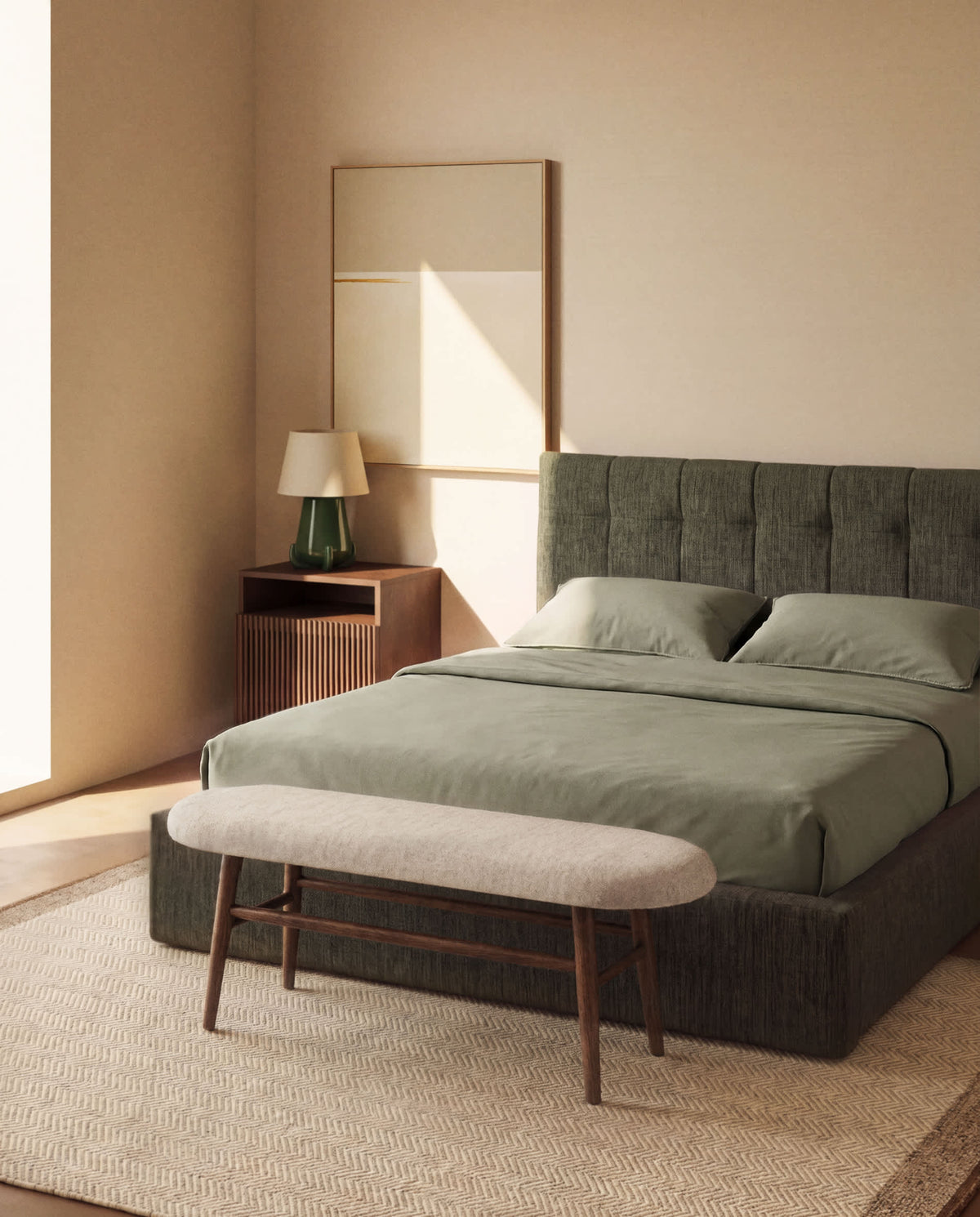 Banc Japandi en chenille marron et bois de chêne finition noyer 122 cm - Helda