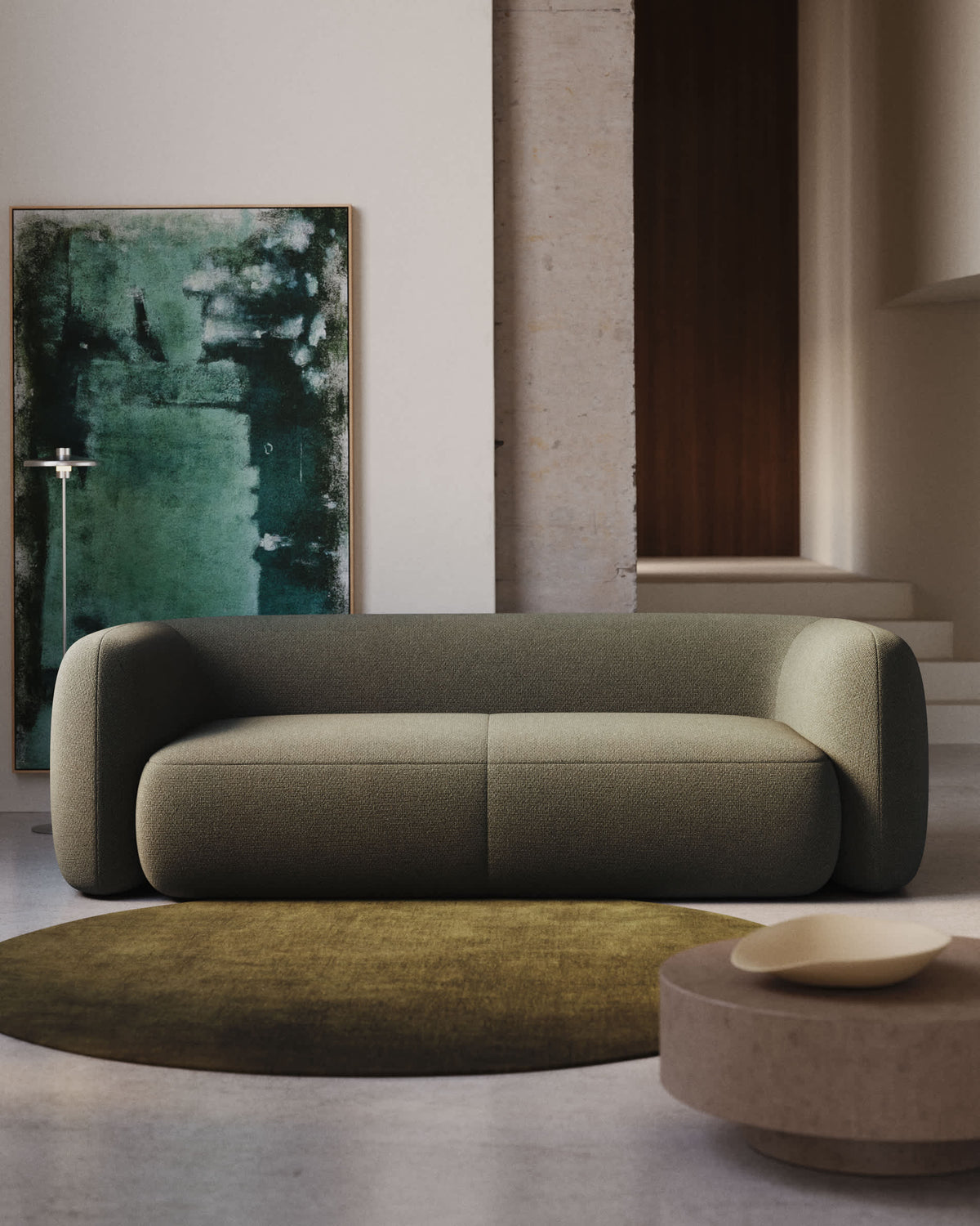 Canapé Japandi 3 places en chenille verte 246 cm - Martina