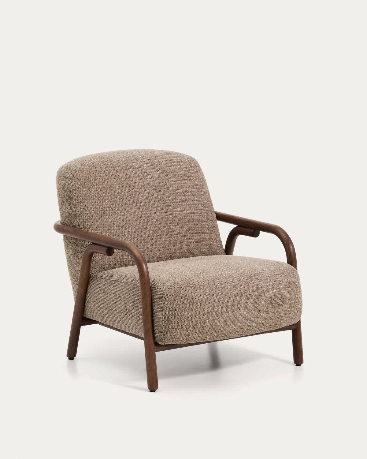 Fauteuil Japandi en tissu chenille taupe et bois de frêne avec finition ton noyer - Sylo