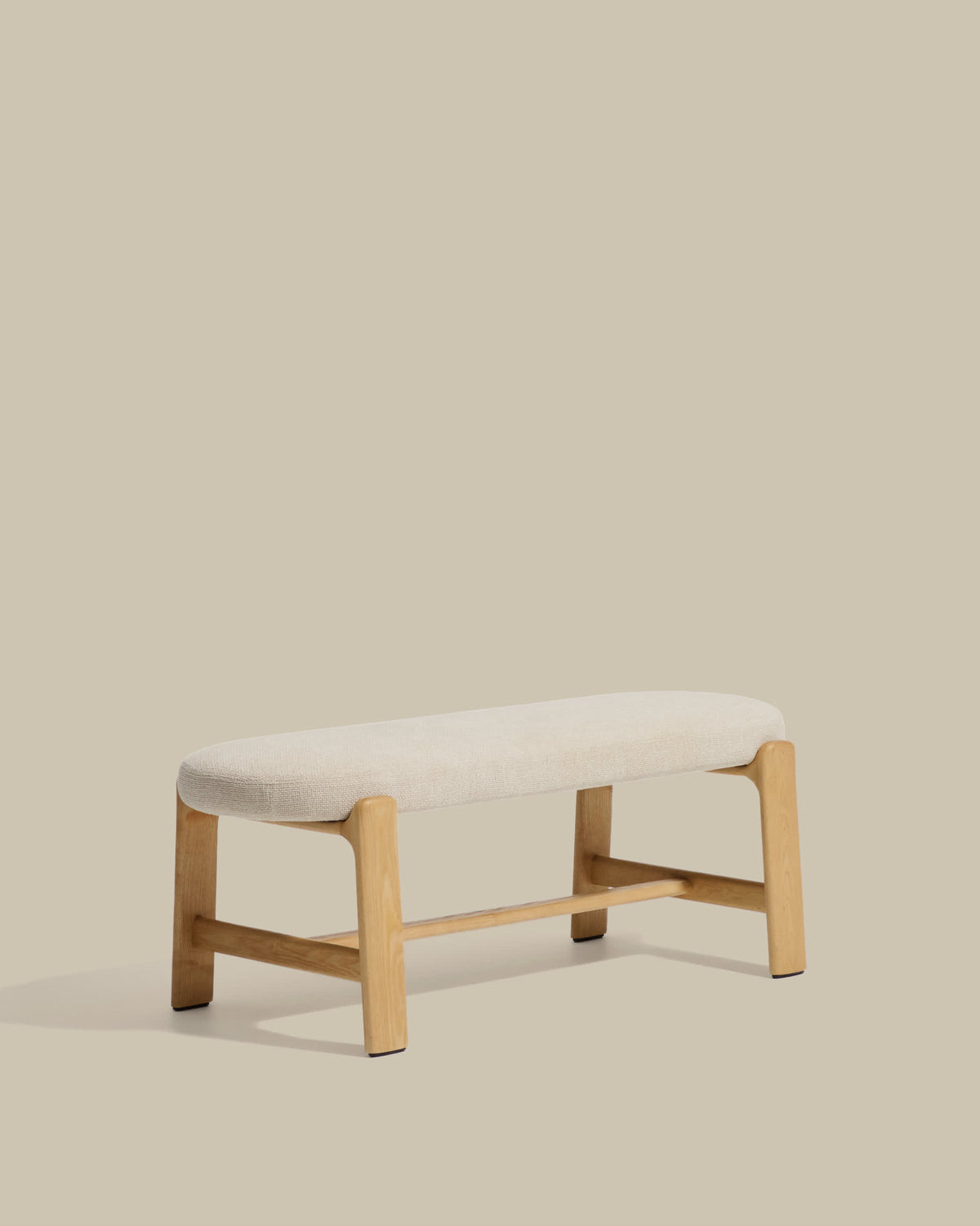Banc Japandi en chenille beige et bois de frêne finition ton naturel 120 cm - Granite