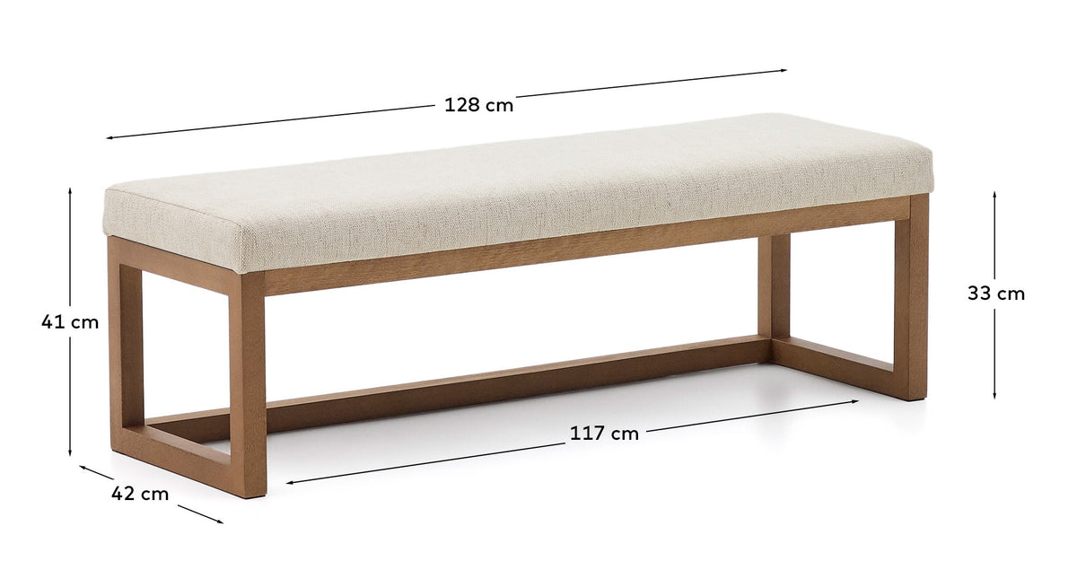 Banquette Japandi en chenille beige et bois de hêtre finition ton noyer 128 cm - Loya