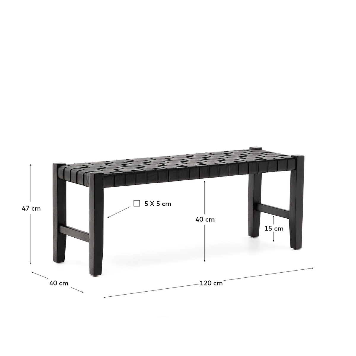 Banc Japandi en cuir tressé et bois d'acajou finition noire 120 cm - Calixta