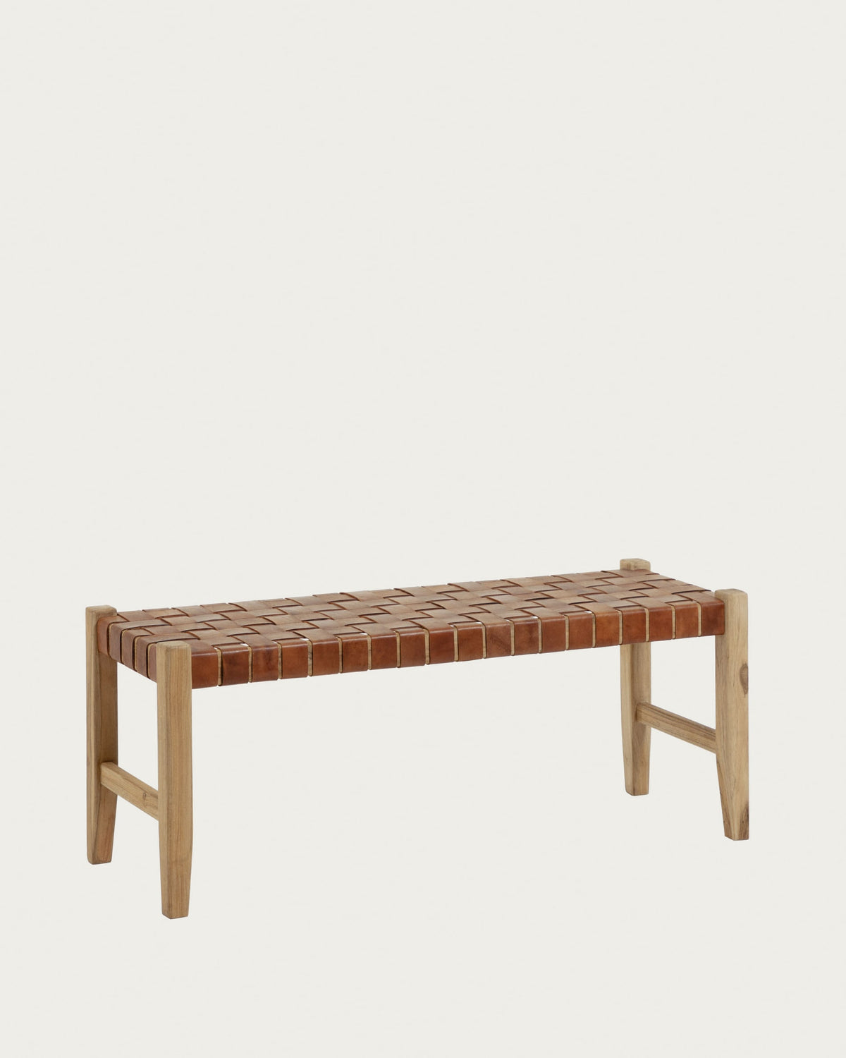 Banc Japandi en cuir tressé et bois de teck 120 cm - Calixta