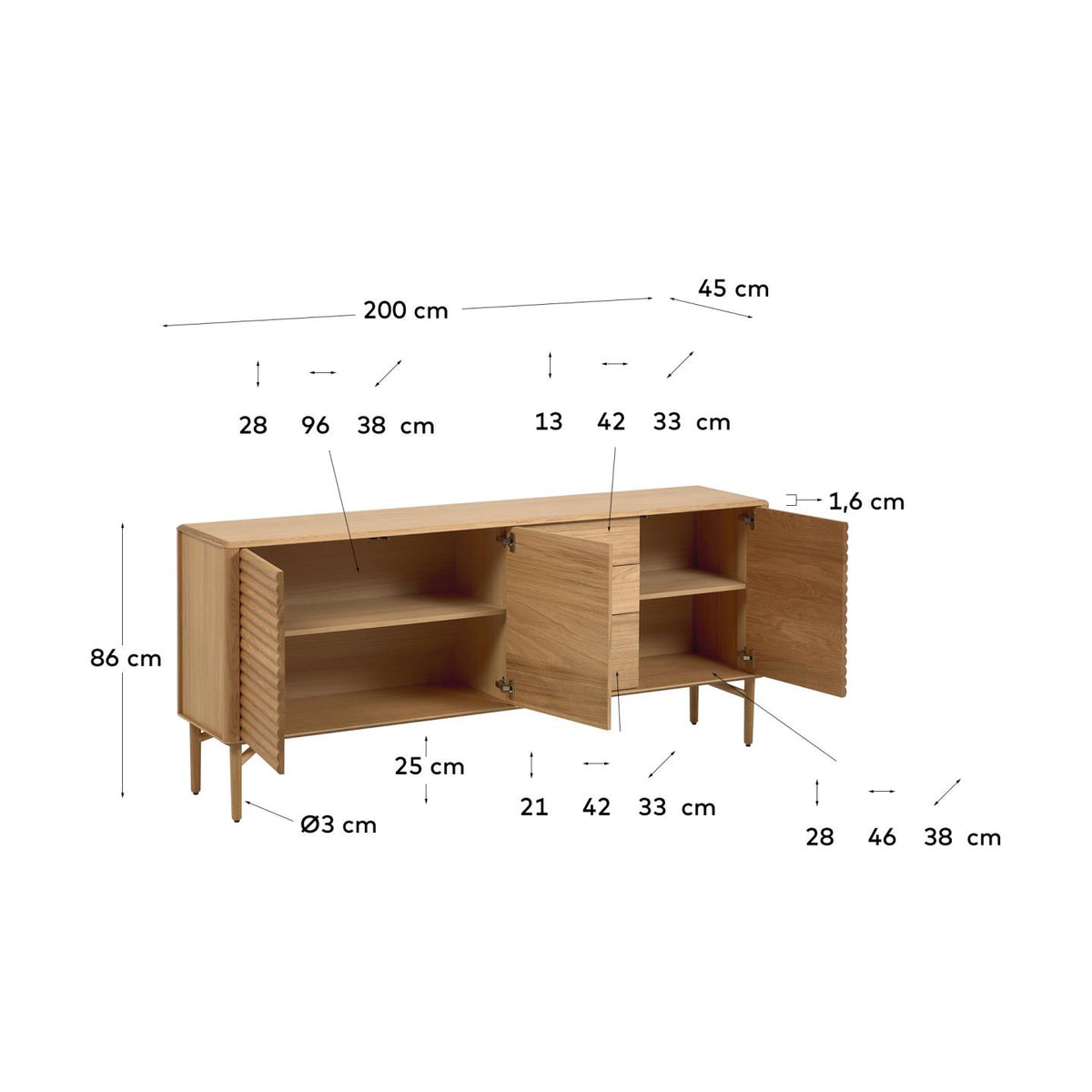 Buffet Japandi 3 portes et 3 tiroirs en bois et placage de chêne 200 x 86 cm - Lenon