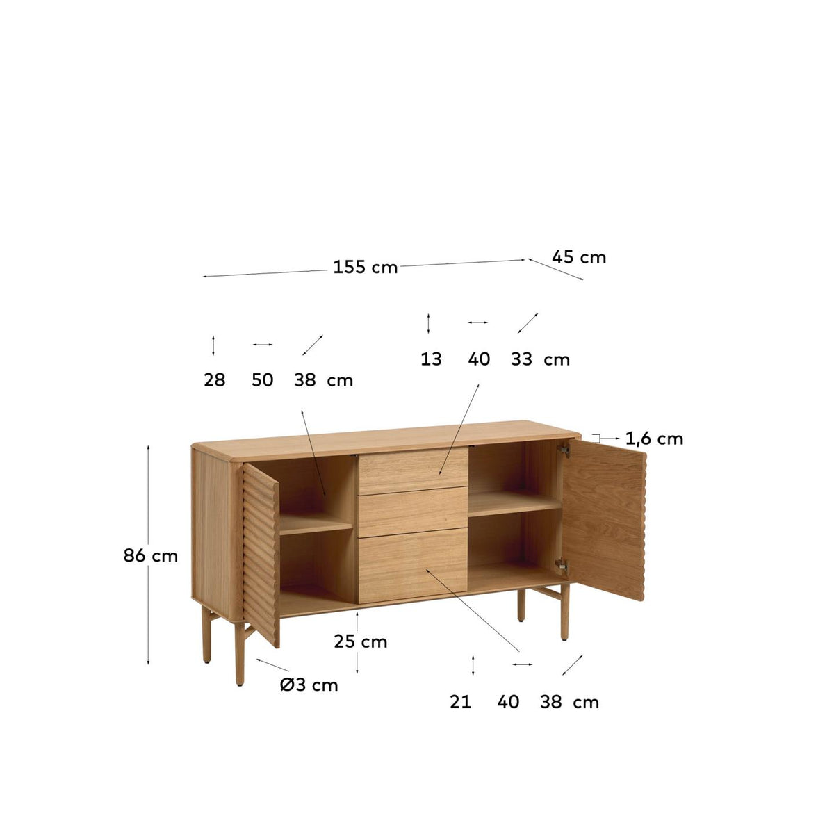 Buffet Japandi 2 portes et 3 tiroirs en bois et placage de chêne 155 x 86 cm - Lenon