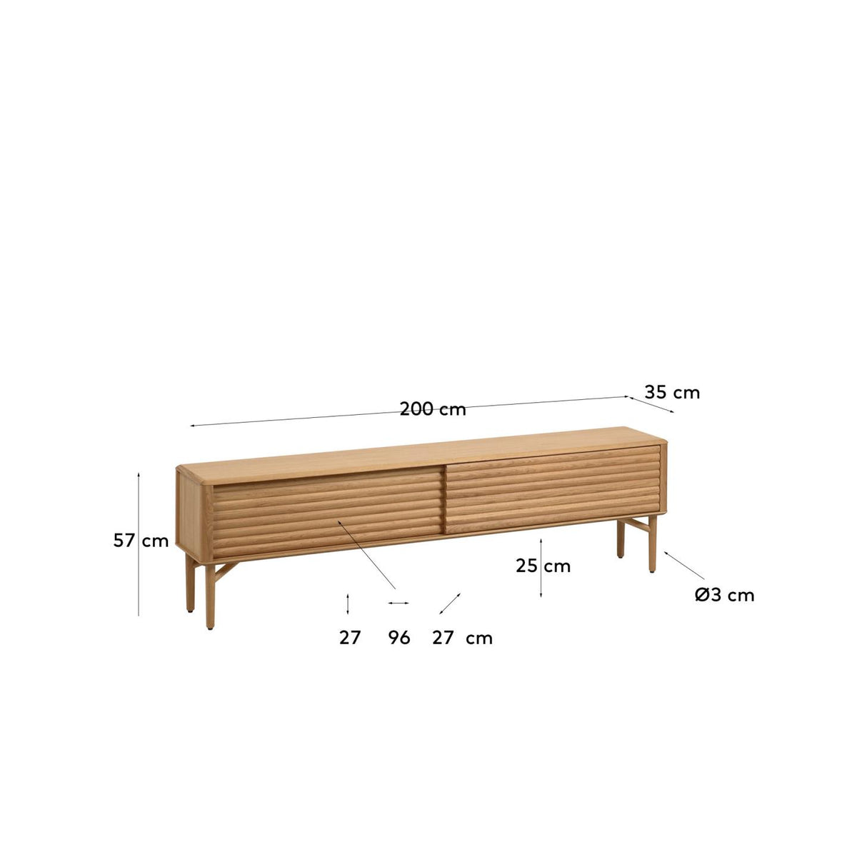 Meuble TV Japandi 2 portes en bois et placage de chêne 200 x 57 cm - Lenon