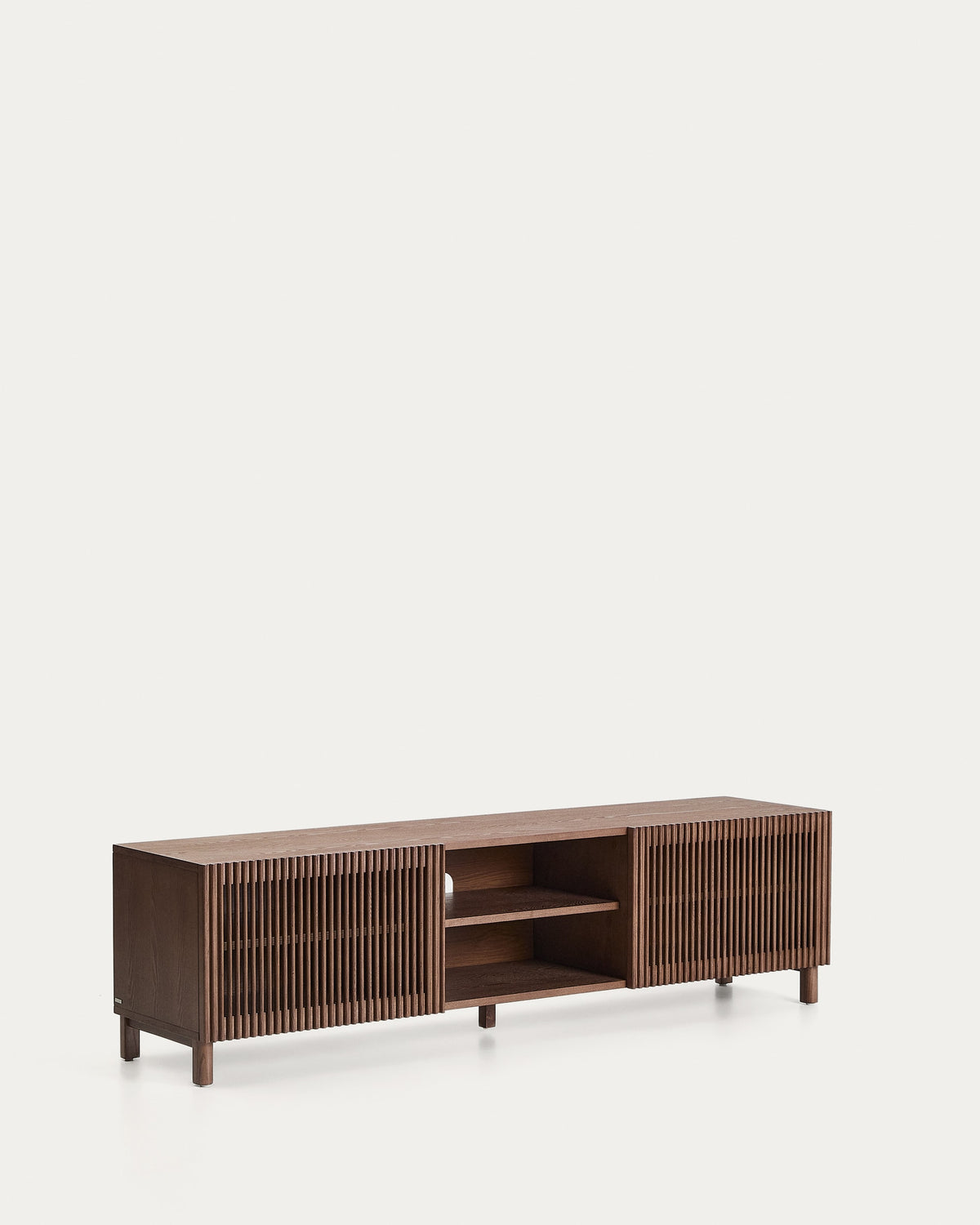 Meuble TV Japandi 2 portes en placage et bois de frêne finition ton noyer 180 x 49,5 cm - Beyla