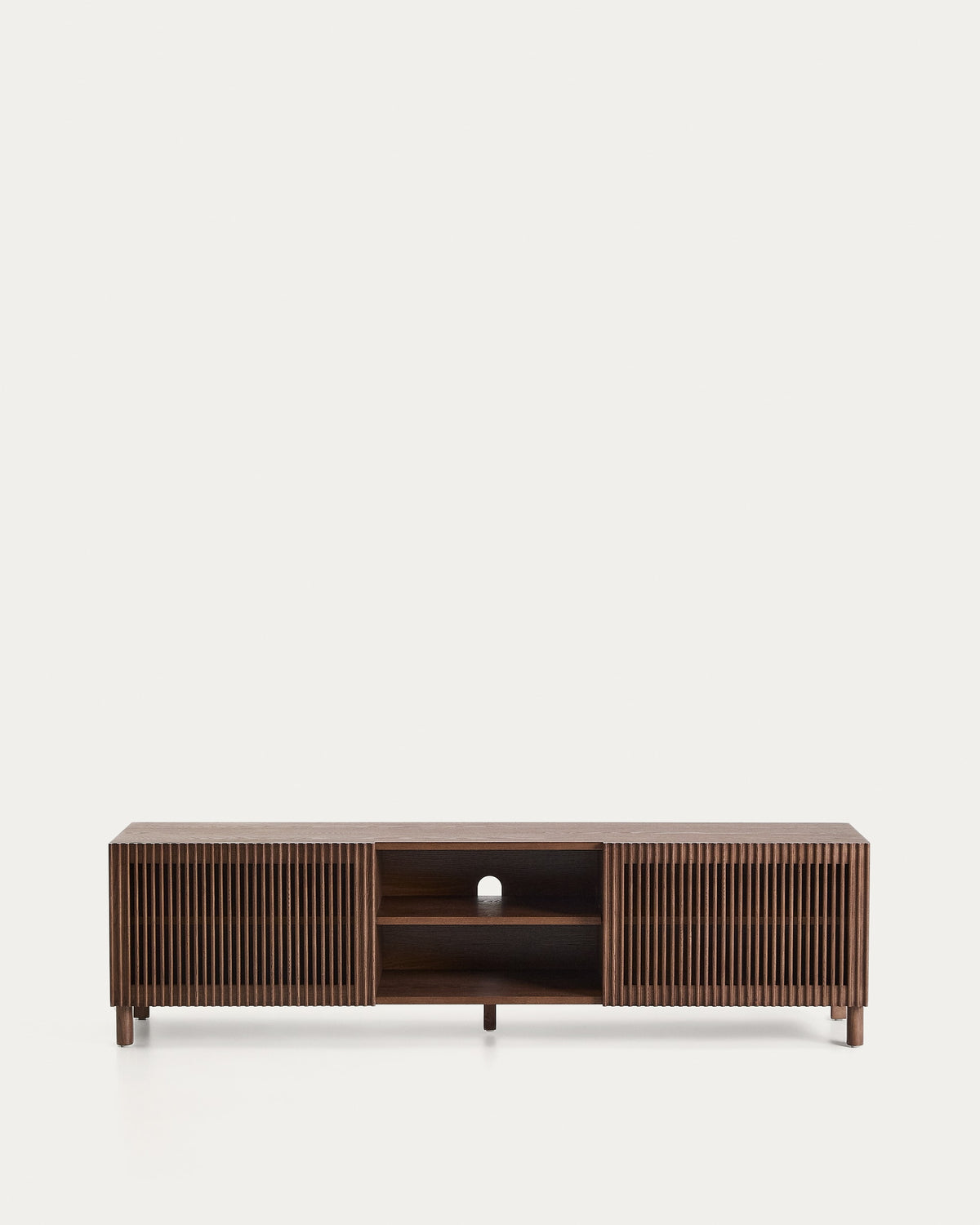 Meuble TV Japandi 2 portes en placage et bois de frêne finition ton noyer 180 x 49,5 cm - Beyla