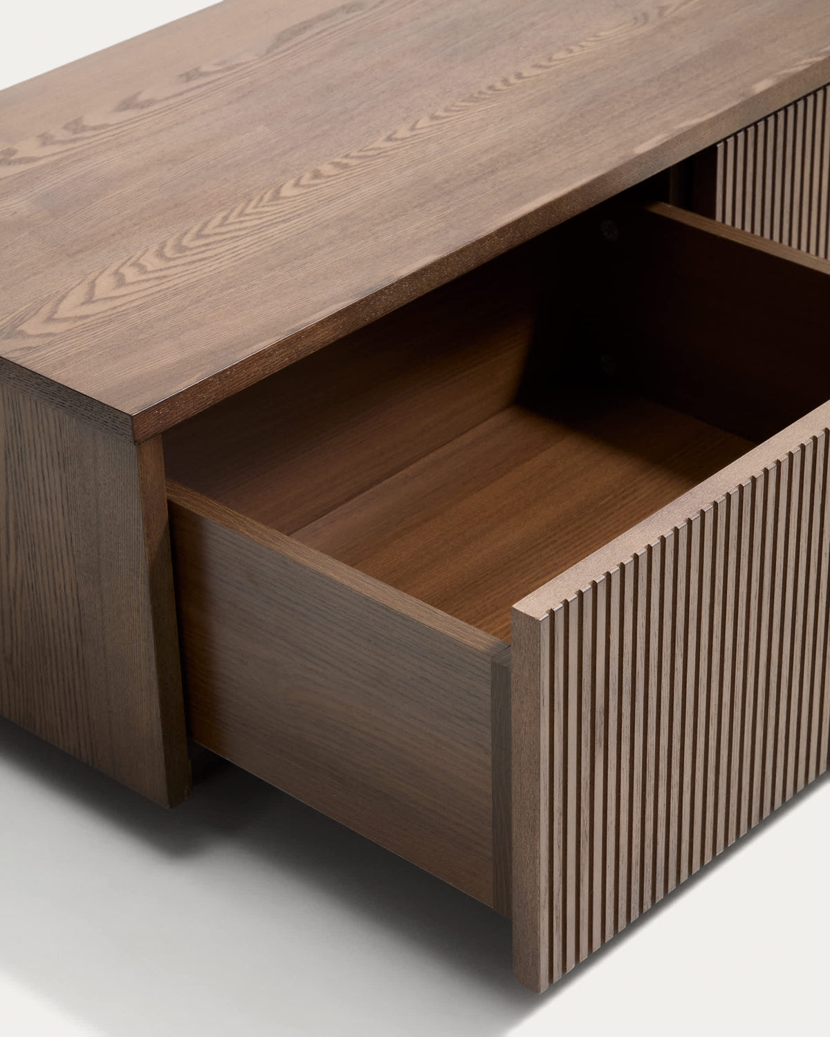 Meuble TV Japandi 4 tiroirs en placage de frêne finition ton noyer 200 x 30 cm - Helvine