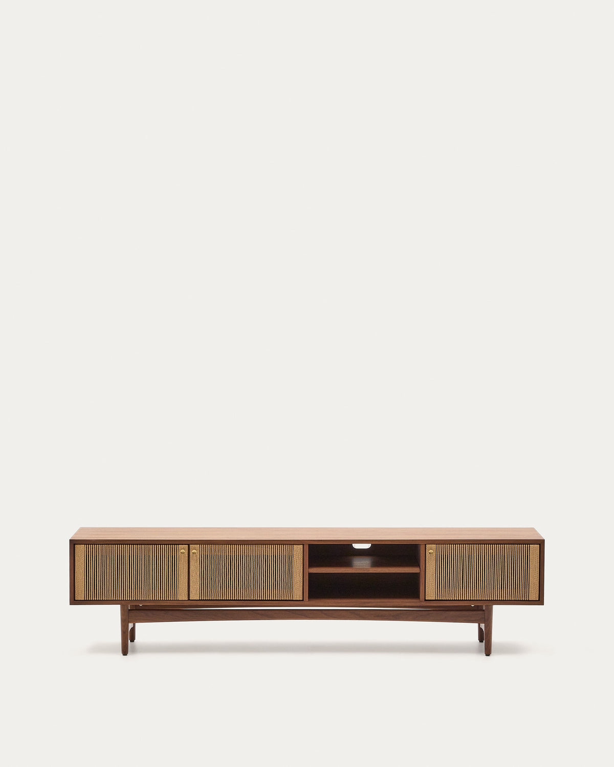 Meuble TV Japandi 3 portes en placage et bois de noyer et corde 200 x 50 cm - Elan
