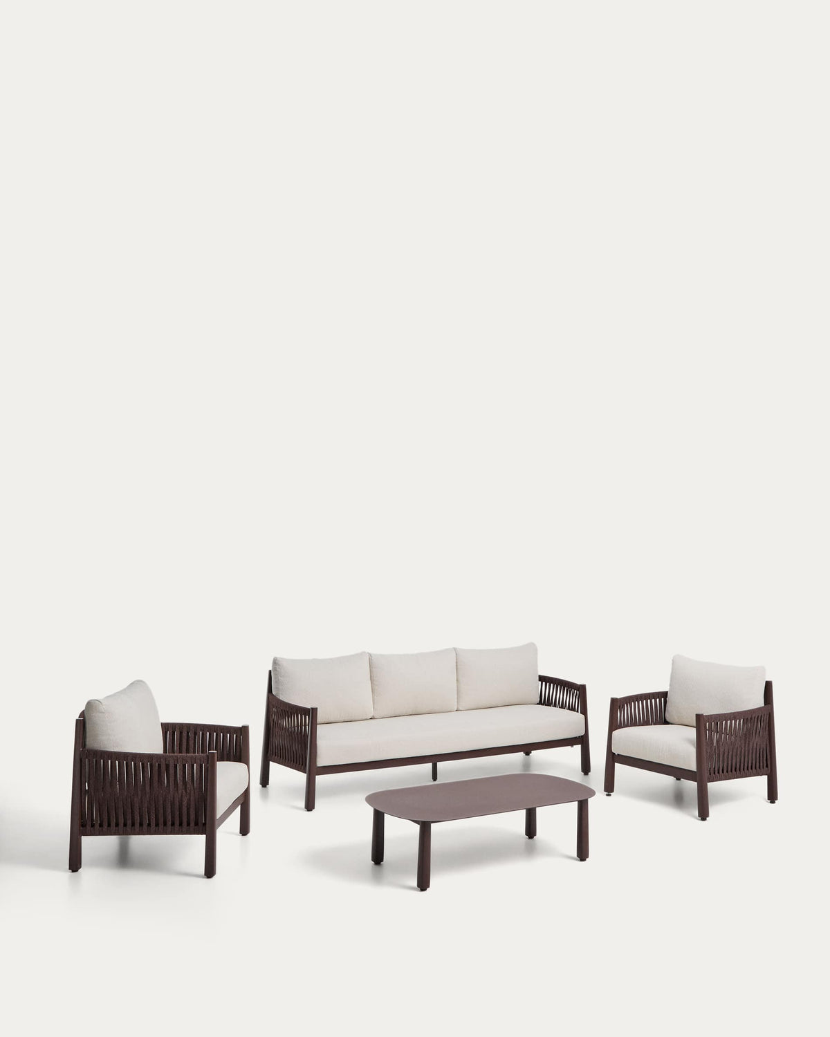 Ensemble Japandi canapé 3 places, 2 fauteuils et table basse en aluminium et corde synthétique marron - Aleria