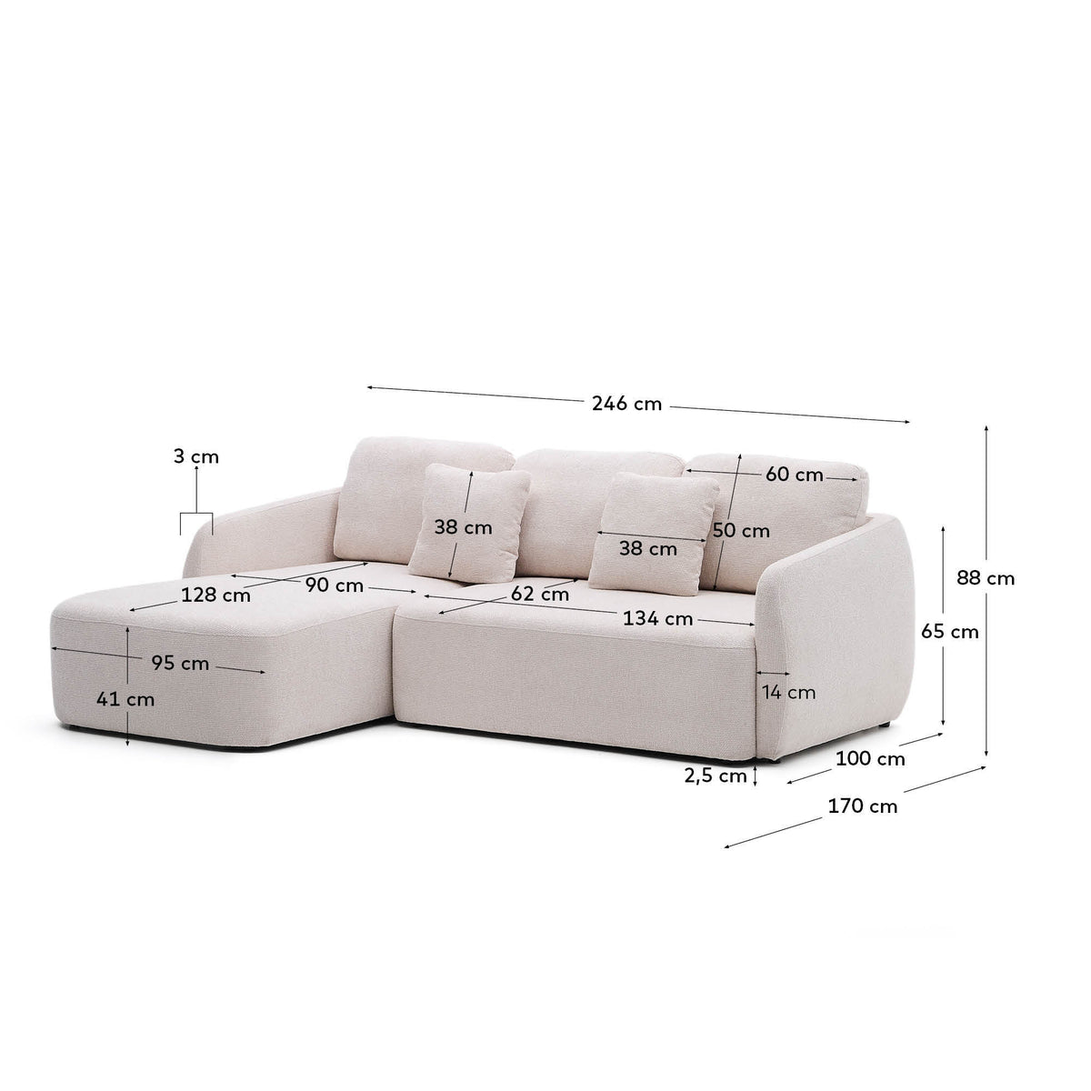 Canapé-lit Japandi 3 places en chenille avec méridienne gauche couleur écrue 246 cm - Laira
