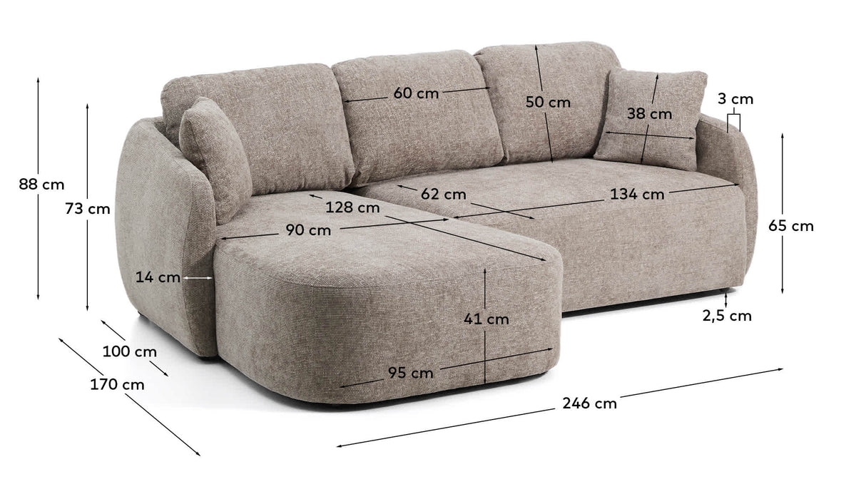 Canapé-lit Japandi 3 places en chenille avec méridienne gauche taupe 246 cm - Laira