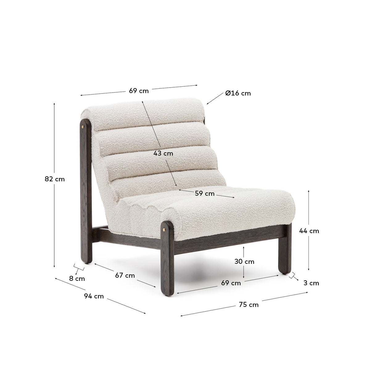 Fauteuil Japandi à bouclette blanc et en bois de chêne avec finition foncée - Magira
