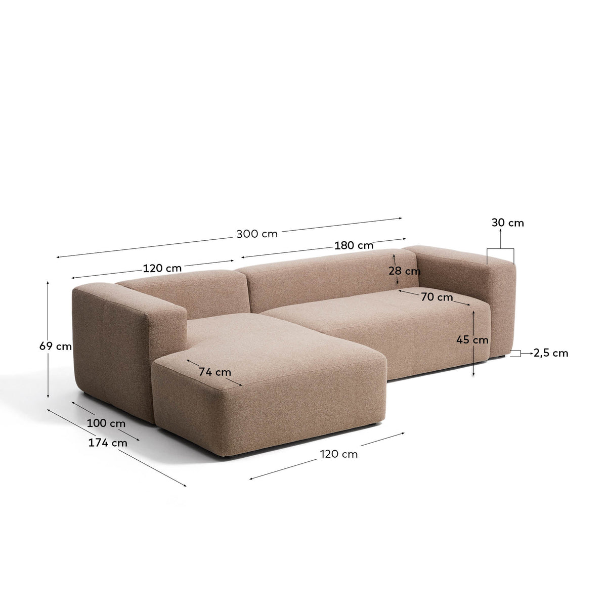 Canapé Japandi 3 places avec méridienne gauche en chenille marron 300 cm - Blok