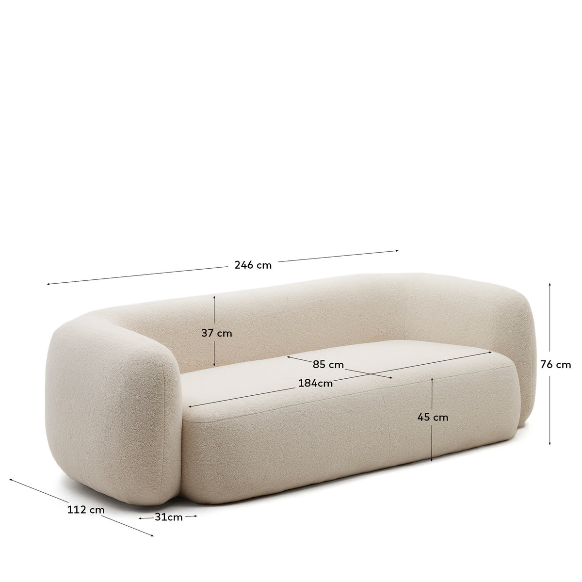 Canapé Japandi 3 places en bouclette couleur écrue 246 cm - Martina
