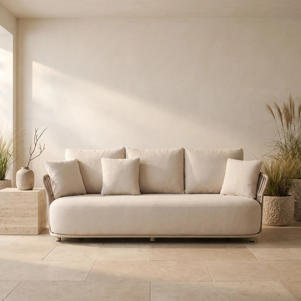 Canapé Japandi 3 places en aluminium écru et corde taupe 274 cm - Osani