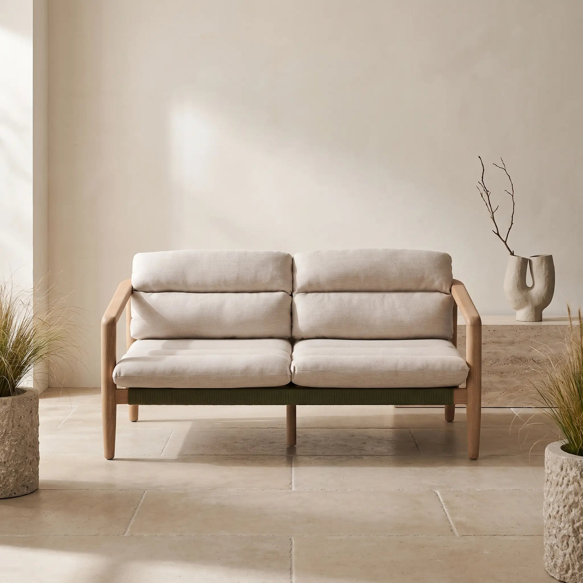 Canapé Japandi 2 places en bois d'acacia et corde verte 136 cm - Menfi