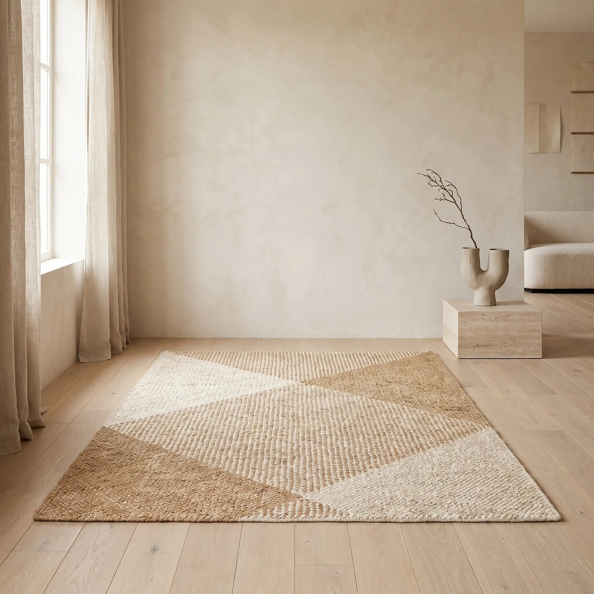 Tapis Japandi en jute et coton à carreaux naturel 160 x 230 cm - Maelan