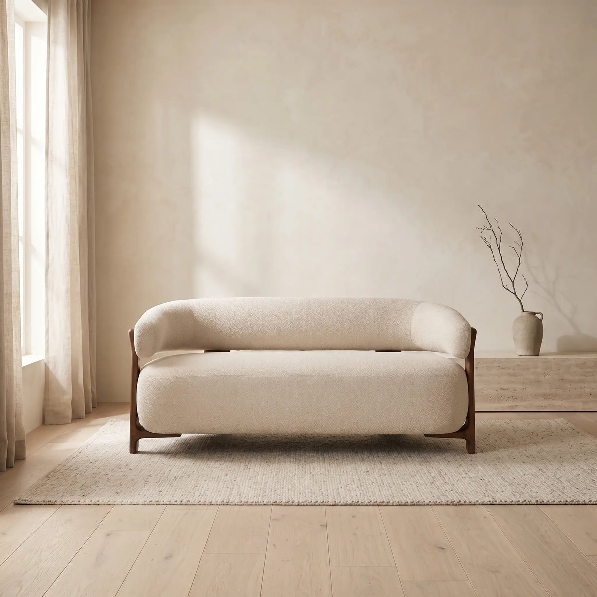Canapé Japandi 2 places en chenille beige et pieds en bois de frêne finition noyer 155 cm - Granite