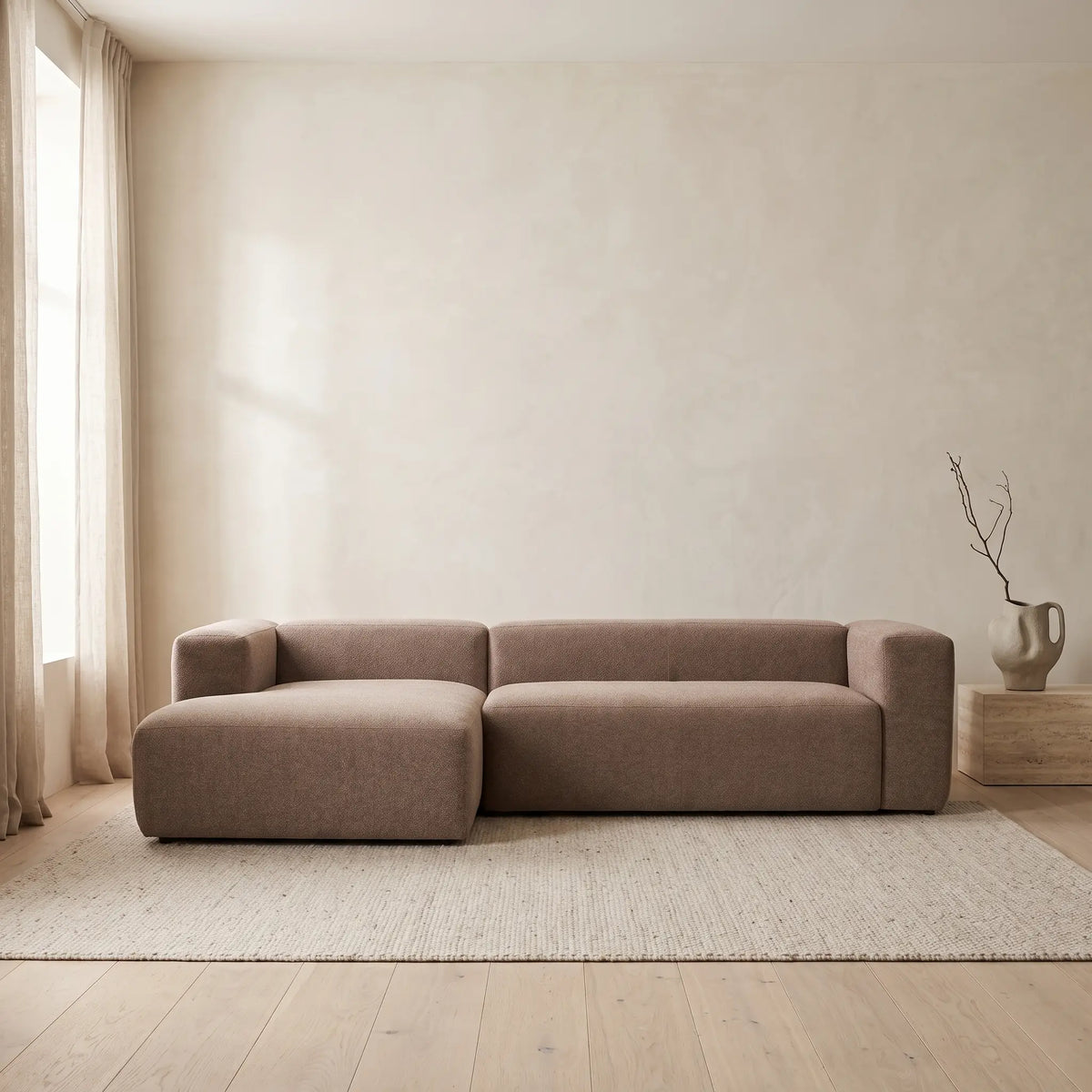 Canapé Japandi 3 places avec méridienne gauche en chenille marron 300 cm - Blok