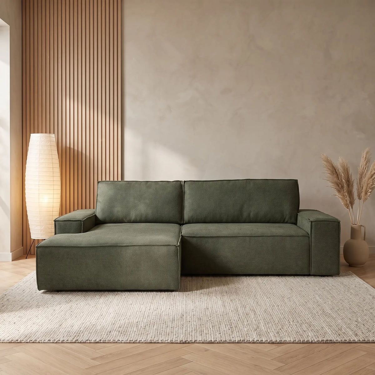 Canapé d'angle Japandi gauche convertible en tissu texturé vert 267 cm - Amelia