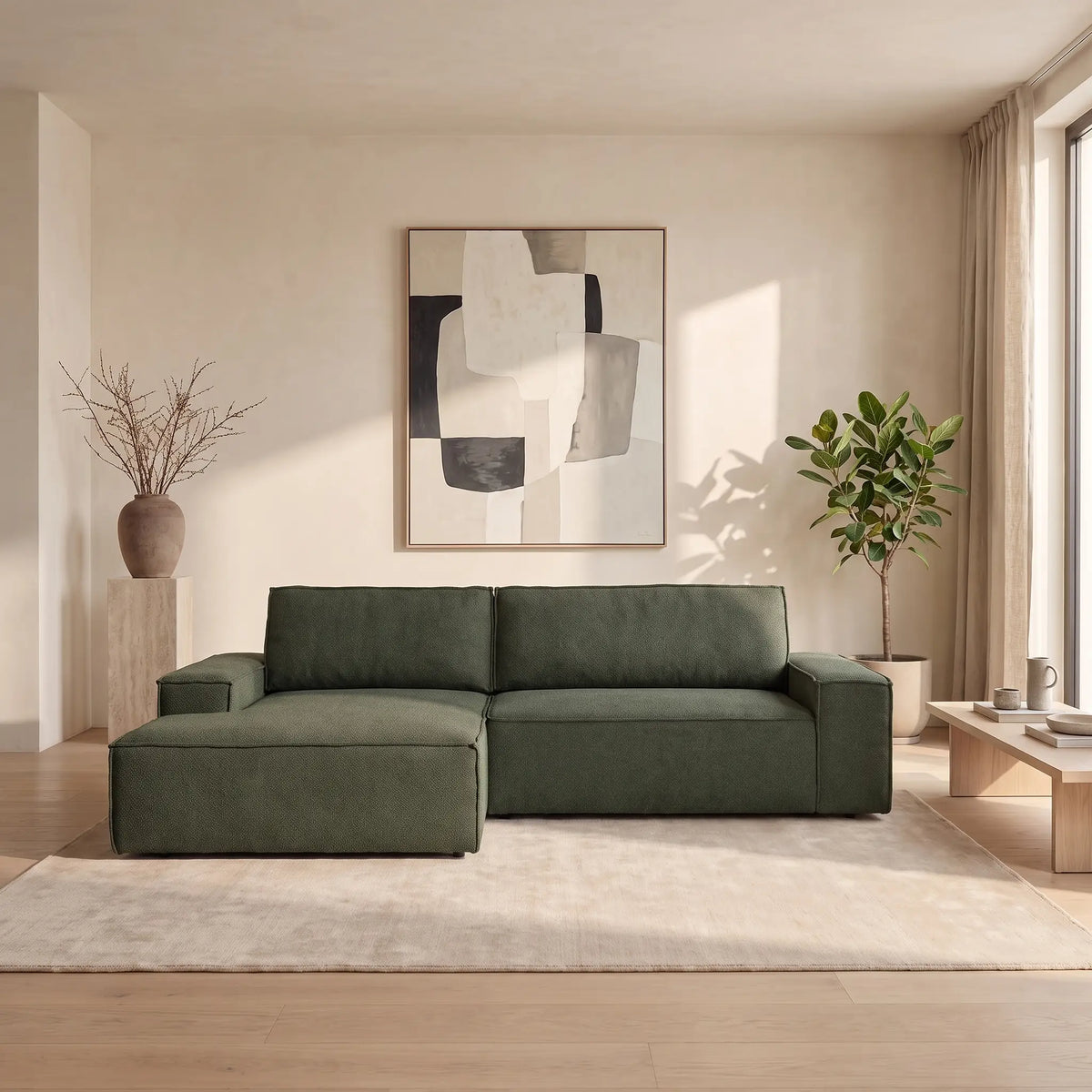 Canapé d'angle Japandi gauche convertible en tissu texturé vert 267 cm - Amelia