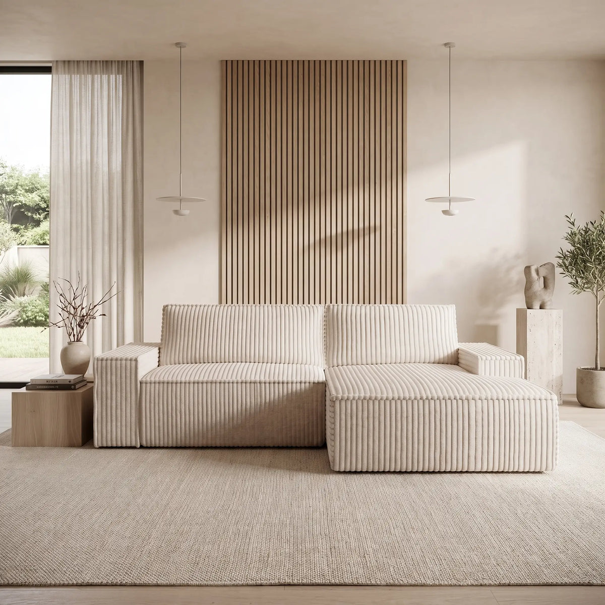 Canapé d'angle Japandi droit convertible en velours côtelé grosses côtes beige 267 cm - Amelia