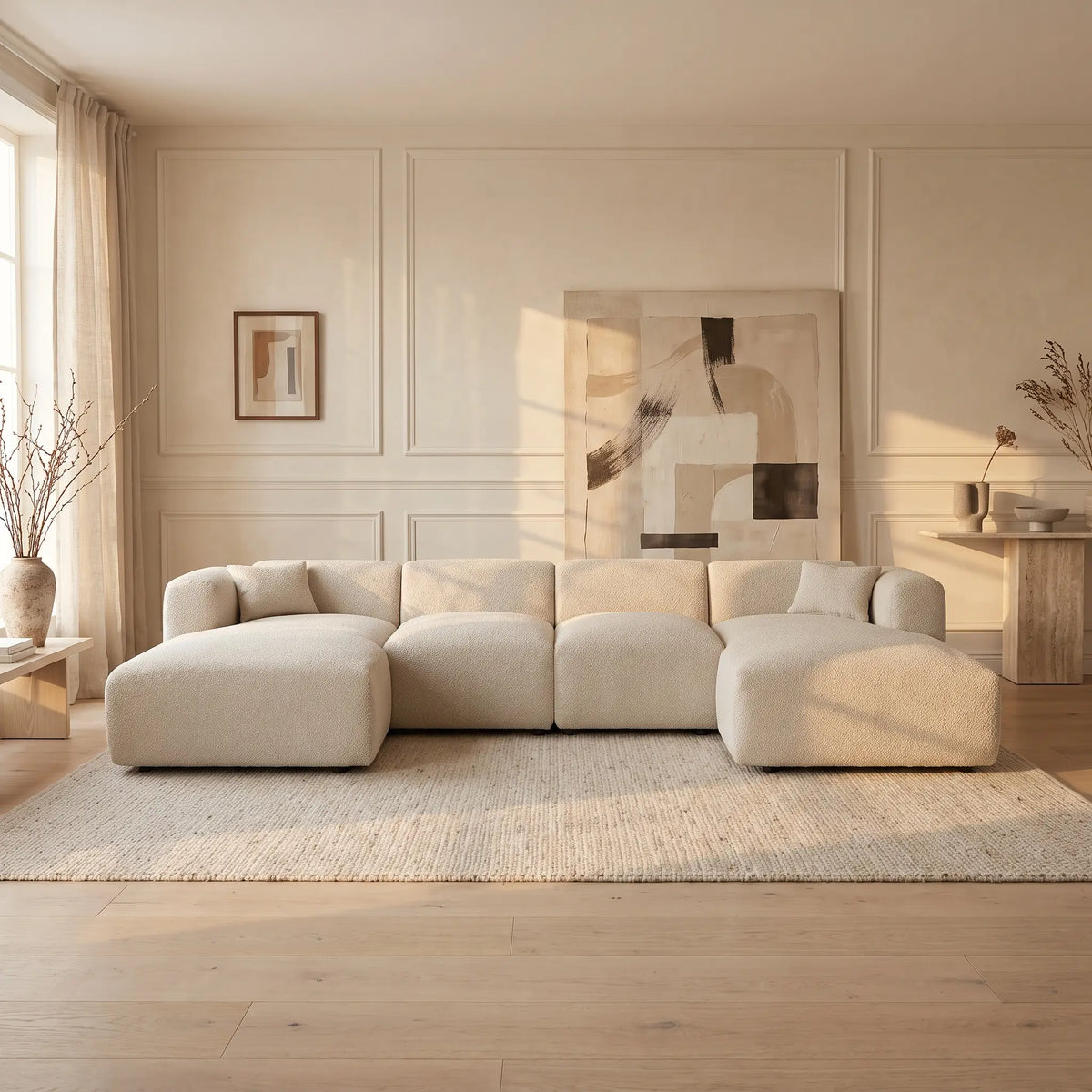 Grand canapé d'angle Japandi panoramique 7 places en tissu chiné beige 356 cm - Pogni